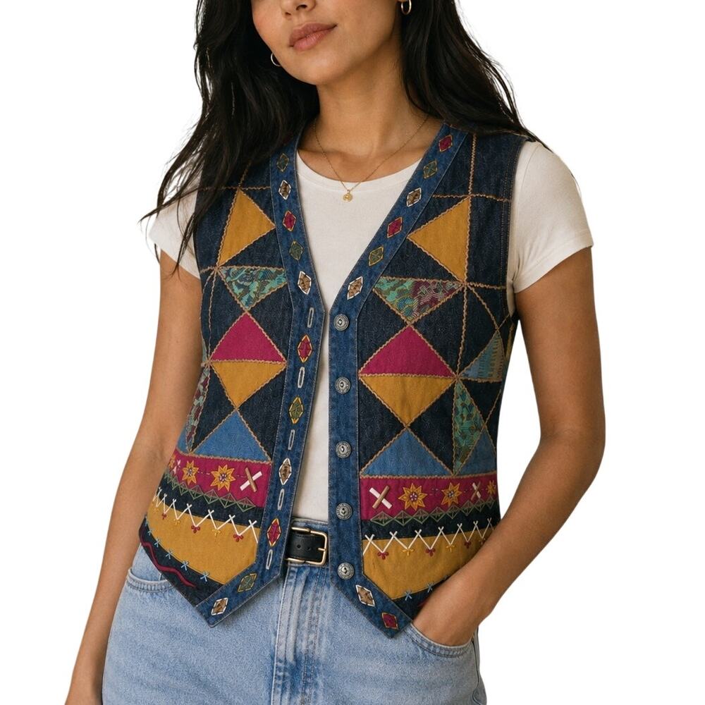 Vintage 90s Carole Little Embroidered Patchwork Vest Small Cotton